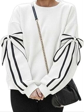 NEW White Sweatshirt with Black Stripe Tie  Detail